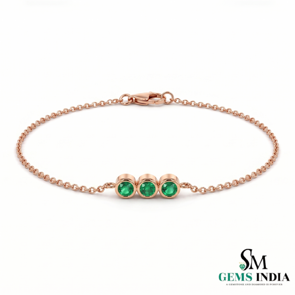 Fine Emerald Three Stone Bracelet – 14K Gold Bezel Set Trio Minimal Everyday Jewelry