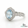 Vintage Oval Aquamarine Halo Ring with Diamond Accents Art Deco Inspired Engagement Ring
