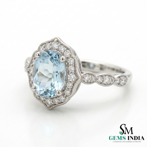 Vintage Oval Aquamarine Halo Ring with Diamond Accents Art Deco Inspired Engagement Ring