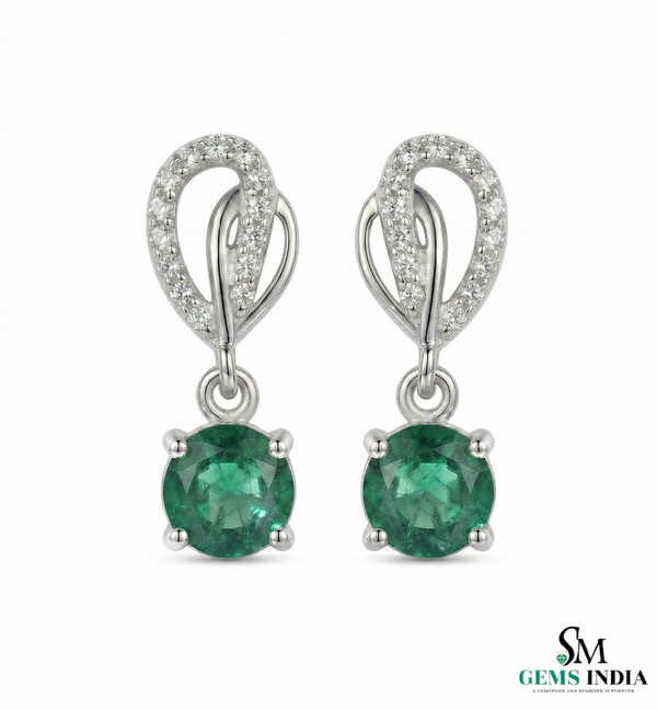 1.60 carat 14K Gold Round Natural Emerald and Diamond Teardrop Dangle Earrings