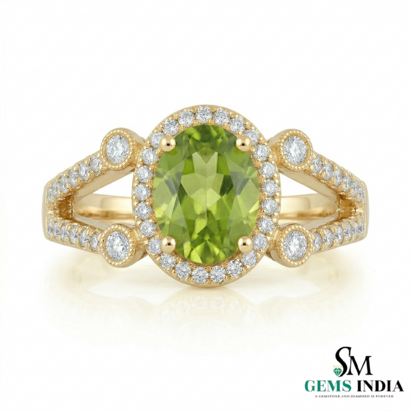 Oval Peridot Statement Ring with Diamond Detailing - Gift For Her
