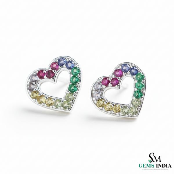 Round Luxury Multi Color Sapphire Open Heart Stud Earrings - Luxury Heart Earrings