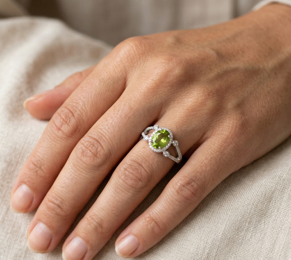 Oval Peridot Statement Ring with Diamond Detailing - Gift For Her