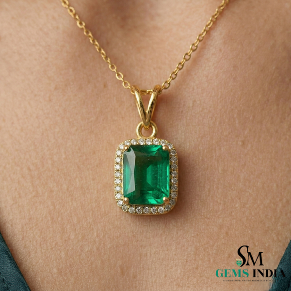 Emerald Cut Green Emerald Halo Pendant with Diamond Accents