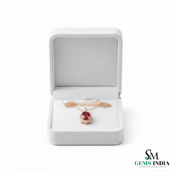 Vintage Style Oval Cut Natural Ruby and Diamond Halo Pendant in 18k Gold