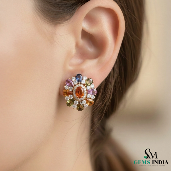 Pear shaped Multicolor Gemstone Floral Stud Earrings Diamond Accent Cluster Studs