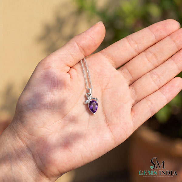 Pear Cut Amethyst Pendant With Diamond Accent & Curved Swirl Design