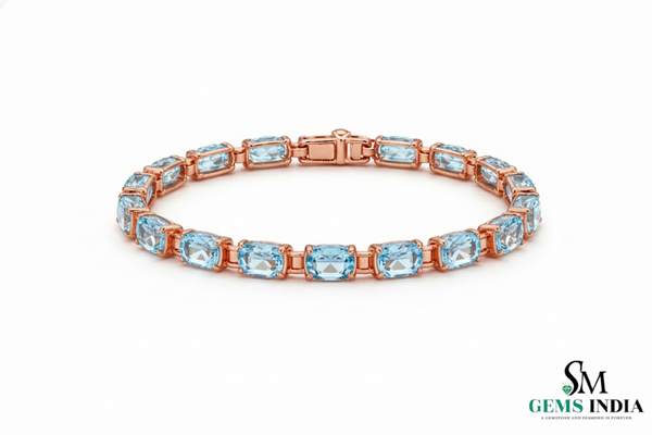 Oval Shape Aquamarine Tennis Bracelet in 14k and 18k Gold - Luxury Fine Jewelry