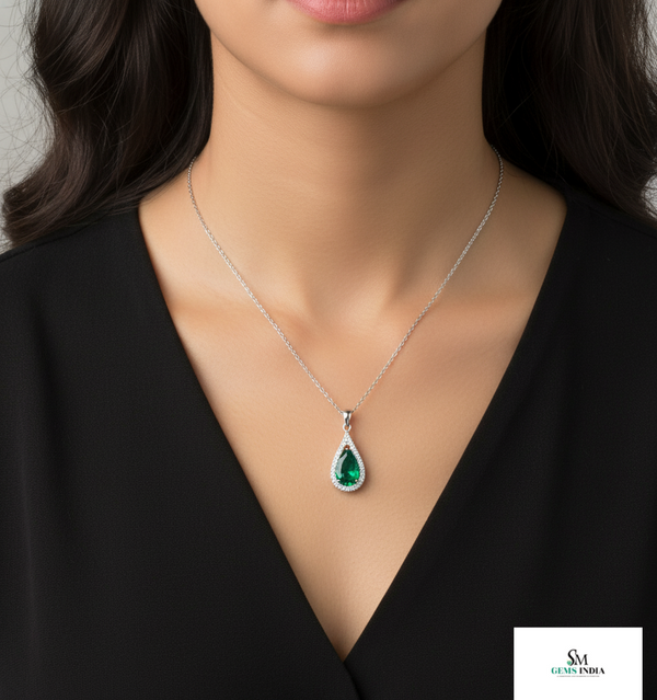 3.40 carat Luxury Pear Natural Emerald Pendant Necklace with Diamond Trio Accent
