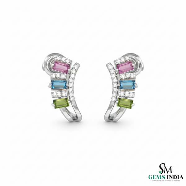 Multicolor Baguette Sapphire & Diamond Hoop Earrings