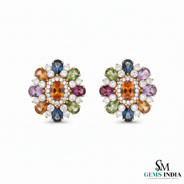 Pear shaped Multicolor Gemstone Floral Stud Earrings Diamond Accent Cluster Studs