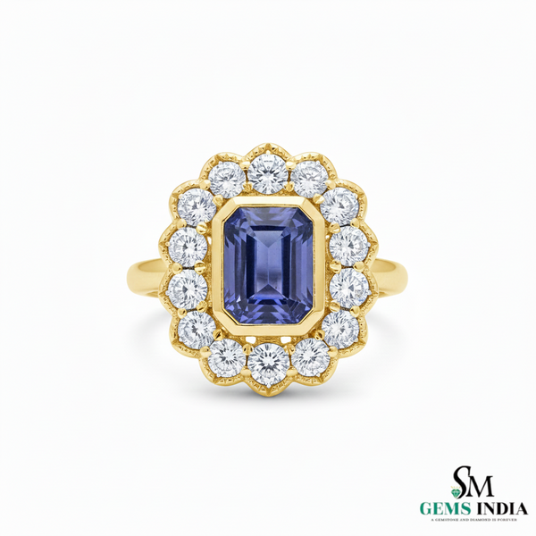 Natural Emerald Cut Tanzanite Ring with Diamonds – Vintage Elegance