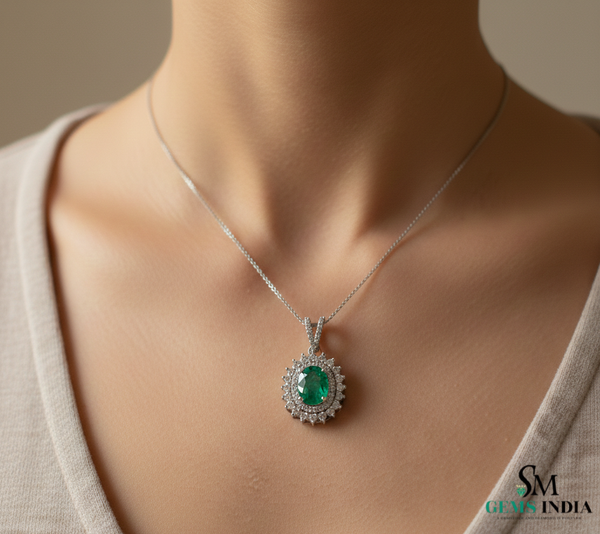 Oval Emerald & Diamond Vintage Halo Pendant - Classic Emerald Fine Jewelry