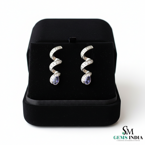 Pear Cut Blue Tanzanite & Diamond Spiral Drop Earrings in 14k and 18kk Gold