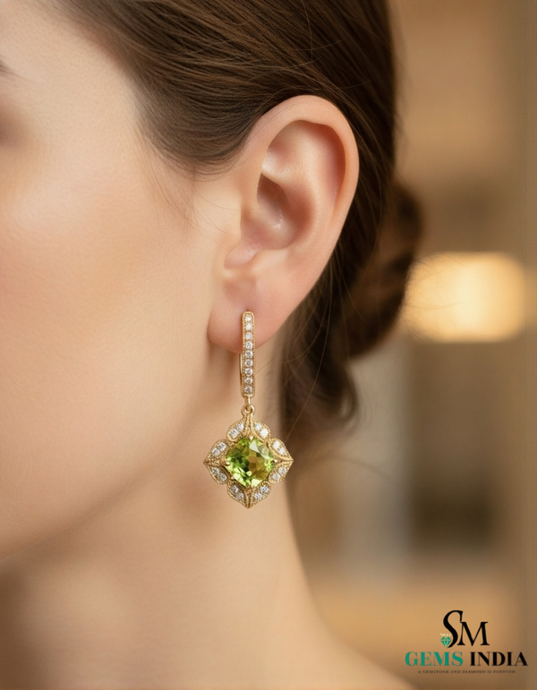 Cushion Cut Natural Peridot Diamond Dangle Earrings - Bridal gemstone earrings