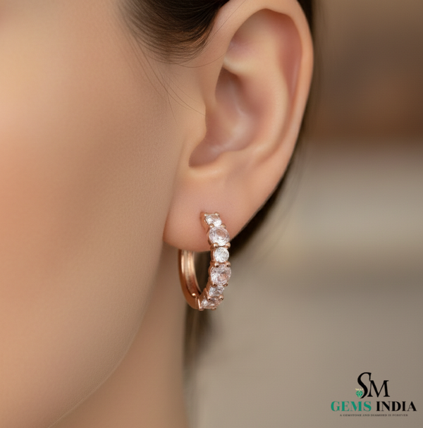 Morganite Diamond Huggie Hoop Earrings - Morganite Wedding Earrings