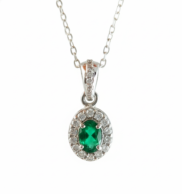 1.02 carat Oval shape Natural Green Emerald Halo Diamond Pendant Necklace in 14K Gold
