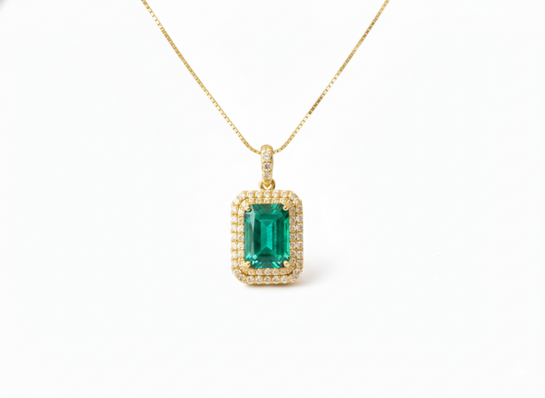7.10 carat Glamorous Emerald and Diamond Halo Pendant Sparkling Double Diamond Halo