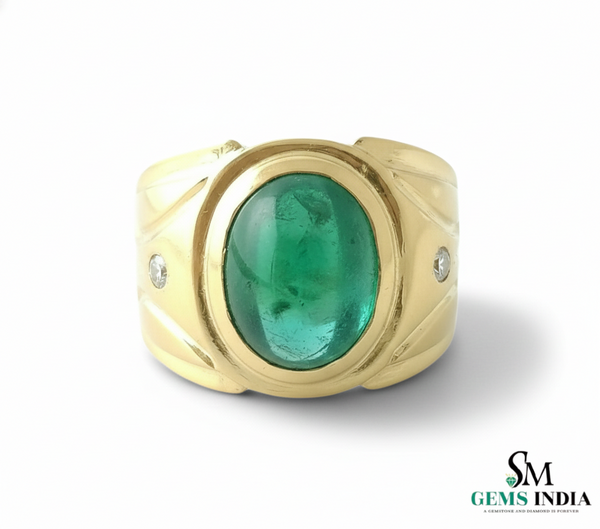 Men's Emerald Cabochon Ring: 14k Solid Gold Statement Ring