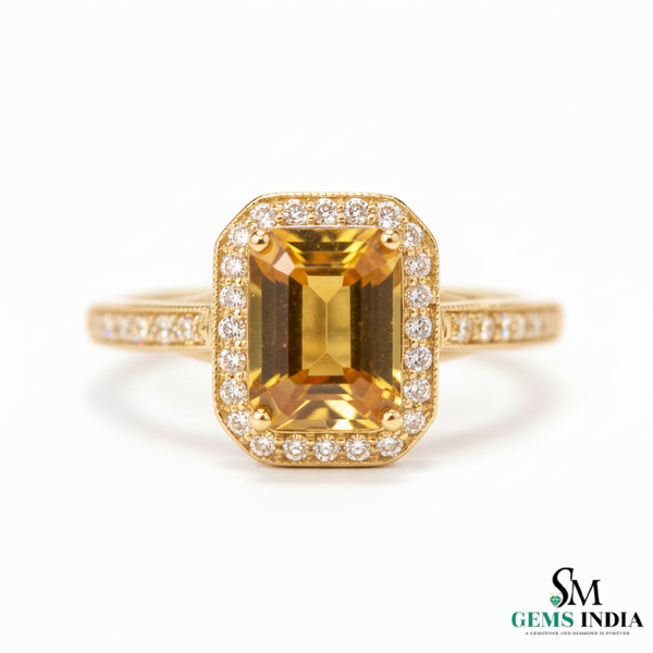 Elegant Emerald Cut Citrine Halo Ring for Women - November birthstone ring