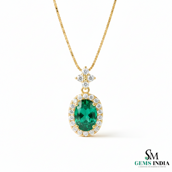 Oval Cut Natural Emerald Pendant with Diamond Halo Gemstone pendant for women