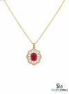 Cushion Cut Ruby & Diamond Floral Halo Pendant in 14k and 18k Gold
