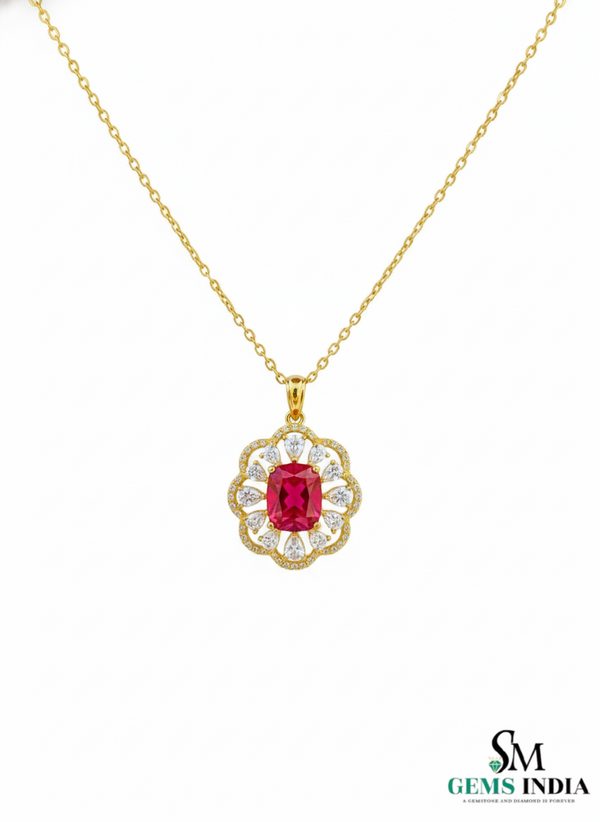Cushion Cut Ruby & Diamond Floral Halo Pendant in 14k and 18k Gold