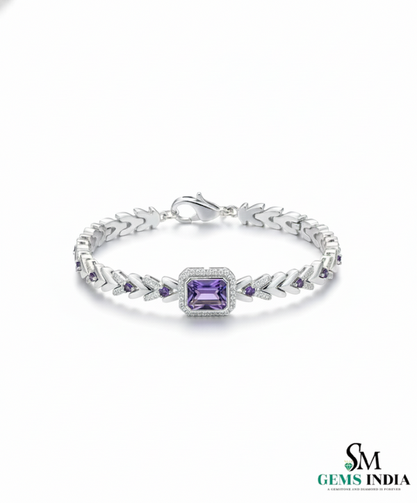 Emerald-Cut and Round Amethyst Diamond Halo Bracelet for Women