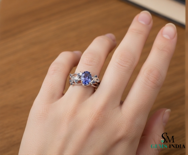 Oval Cut and Round Spiral Tanzanite Ring – Nature-Inspired Ring