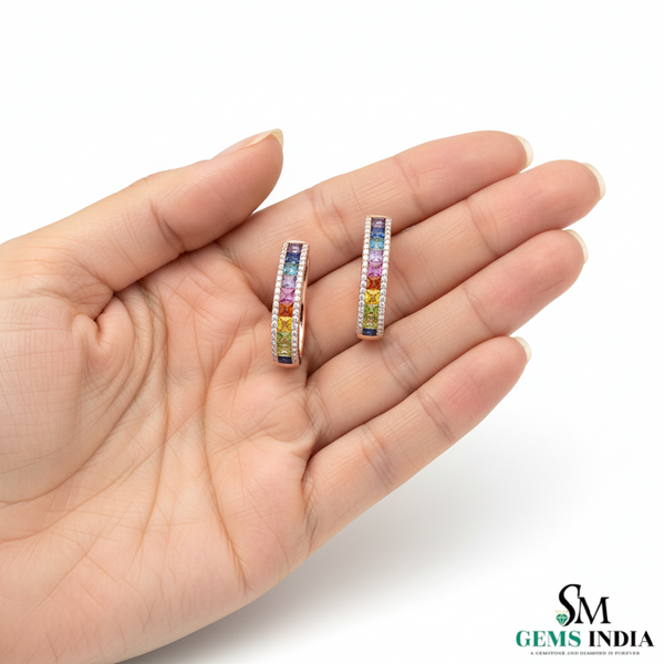 Princess cut Rainbow Sapphire Hoop Earrings in 18K Gold Channel-Set Hoop Earrings