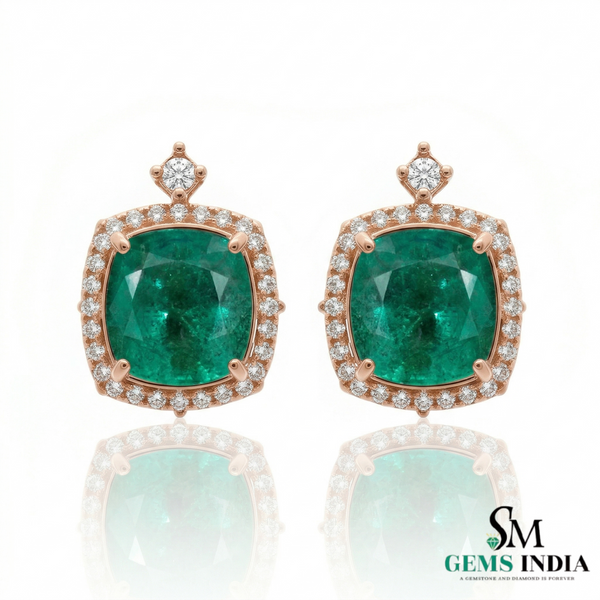 Cushion Cut Natural Emerald Halo Stud Earrings in 14K Gold Green Gemstone Gift for her