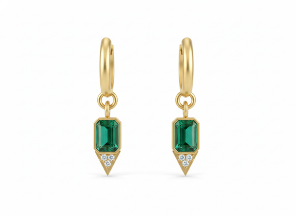 Emerald cut Natural Emerald Green Stone Dangle Earrings Diamond Accent Dangles