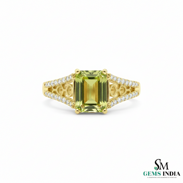 Natural Green Peridot & Diamond Ring – Emerald Cut in 14k and 18k Gold