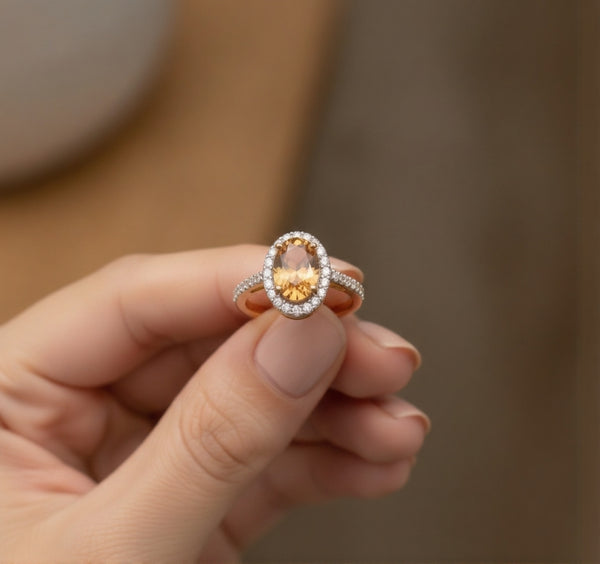 Oval Cut Citrine Ring with Diamond Halo - Citrine promise ring