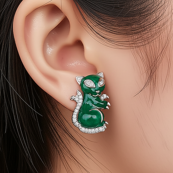 Mouse Style Natural Emerald And Diamond Carving Animal Stud Earrings For Women
