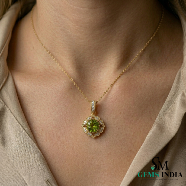 Antique Inspired Peridot Floral Pendant with Diamonds - Elegant Statement Jewelry