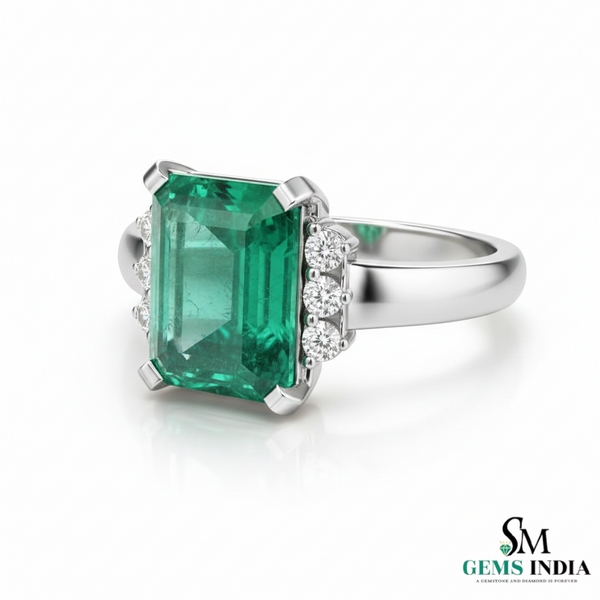 Natural Octagon Emerald & Diamond Mens Ring - 14K Solid Gold Engagement Ring