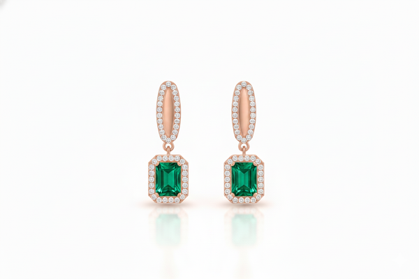 Royal Emerald cut Natural Emerald Halo Drops Earring– 14K Gold Dangle Elegance