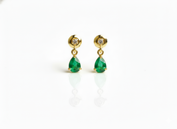 1.90 carat Pear Shape Natural Emerald and Diamond 14k Gold Stud Earrings