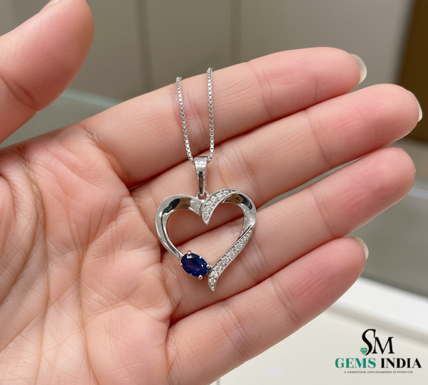 Oval shape Blue Sapphire & Diamond Heart Pendant - Fine Gold Jewelry