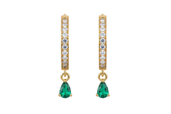 Luxury Gold Hoop Earrings with Pear shape Natural Emerald Dainty Diamond Drop Style