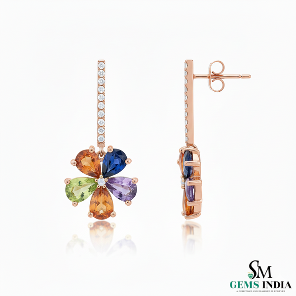 Rainbow Flower Drop Earrings Pear cut Multicolor Gemstone Dangle in 18k gold