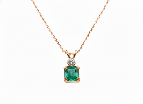 Natural Emerald Cut Square Green Gemstone Pendant with Diamond Accent