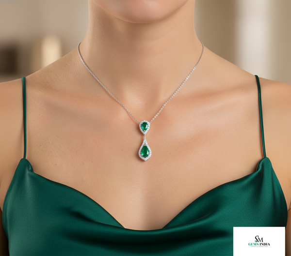 4 carat Double Pear Emerald and Diamond Halo Pendant in 14K Gold Gift for her