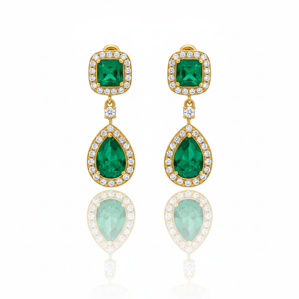 5.10 carat Luxury Emerald cut and Pear shaped Natural Emerald Teardrop Diamond Halo Earrings in Gold