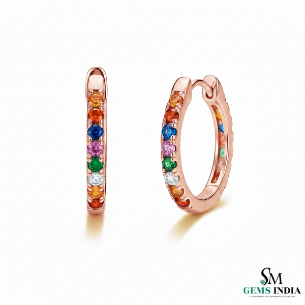 Round Rainbow Multi Gemstone Huggie Hoop Earrings - Fine Gemstone Jewelry
