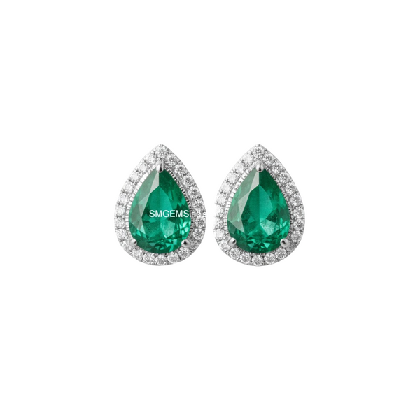 Natural Emerald Teardrop Halo Stud Earrings in 14k gold Fine Gold Jewelry