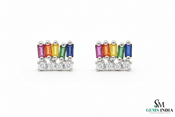 Multi Color Sapphire Baguette Stud Earrings with Diamond Accent