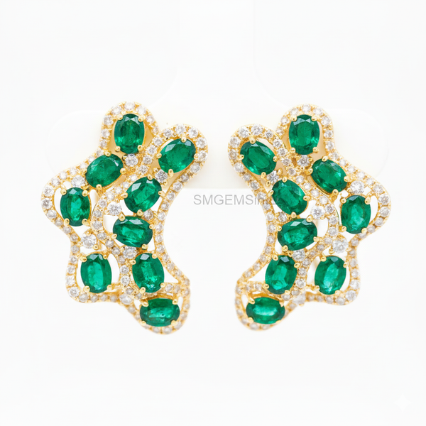 Natural Emerald Cluster Statement Earring studs in 14k and 18k Gold with Diamond Accents