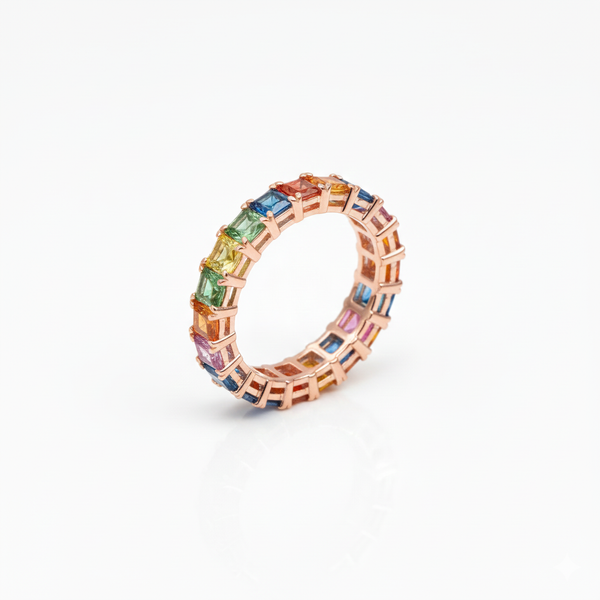 Doppelter Smaragd-Ring in offenem Design aus 14 Karat Gold – Band mit quadratisch und rund geschliffenen grünen Edelsteinen